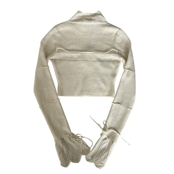 Danielle Guizio Ivory Cashmere Wool Pointelle Knit Tie Front Crop Sweater Small - Picture 8 of 13